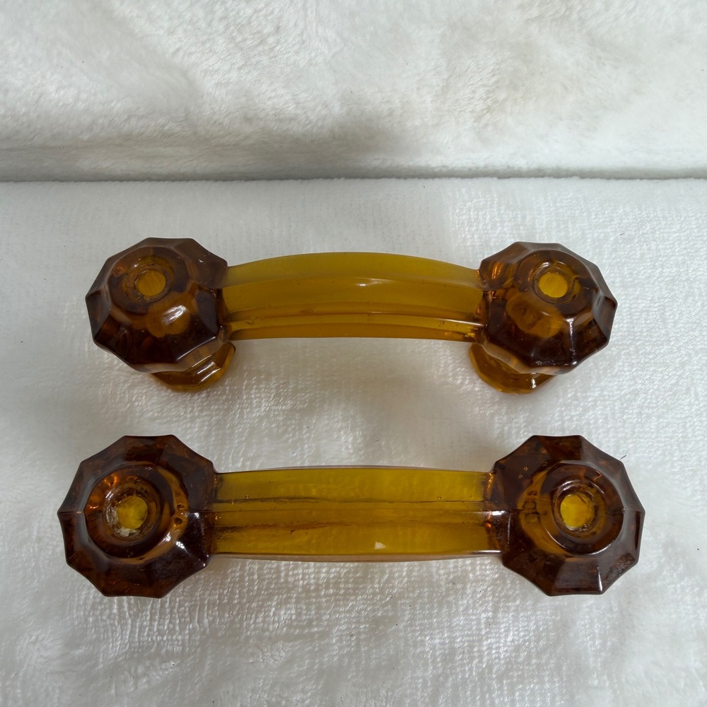VTG Amber Glass Drawer Pulls Set of 2 Mid Century Modern Furniture Hardware *SEE